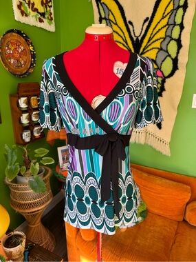 XOXO Teal, Aqua & Purple Wrap-Style Short Sleeve Top